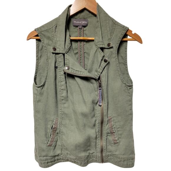 Michael Stars Olive Army Green Moto Vest 100% Linen Military Y2K Grunge Womens S - Picture 1 of 7